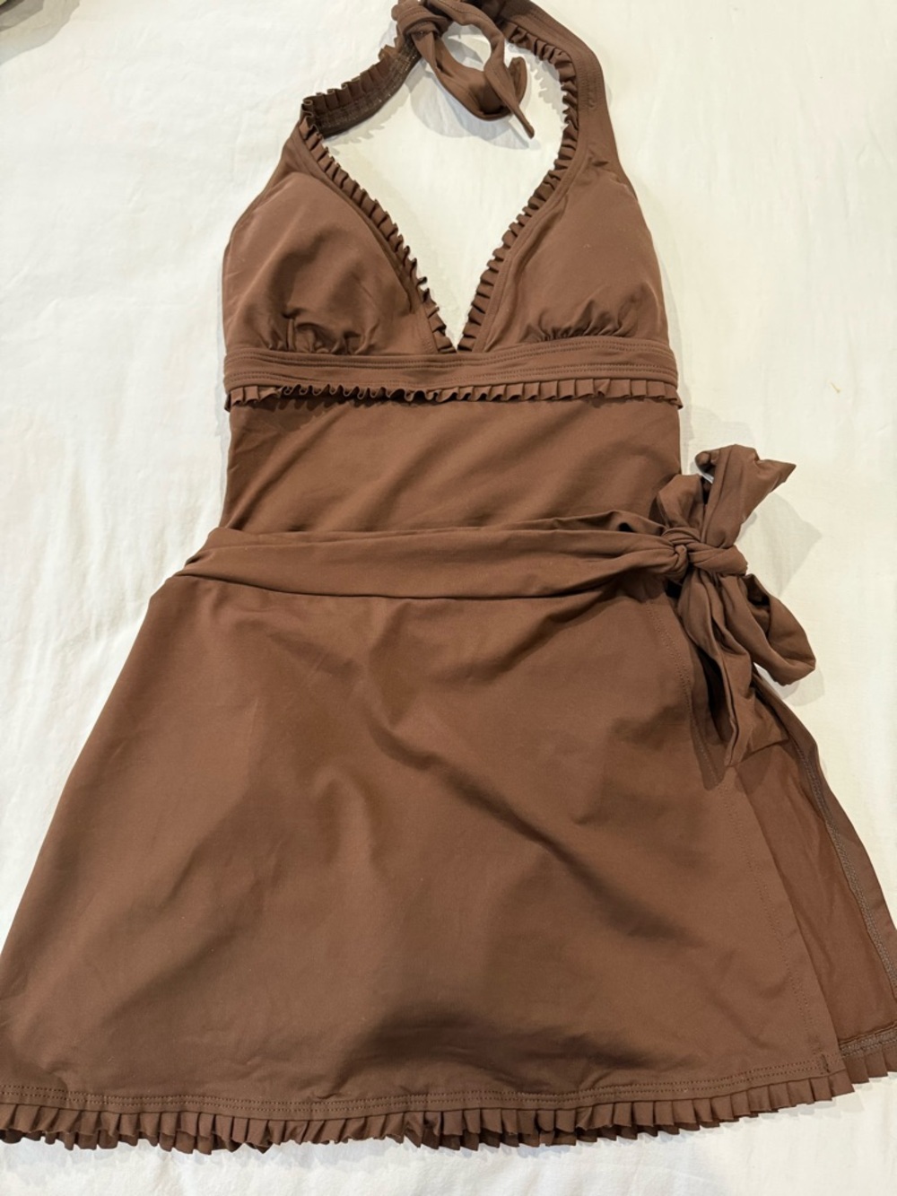 Anne Cole Brown Ruffle Halter two Piece Swimsuit with matching sarong.